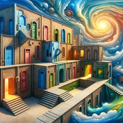 The primary subject of the image is a large building with many doors and windows. The building is painted in various colors, giving it a vibrant and lively appearance. The setting is a cloudy sky, which adds to the overall atmosphere of the scene. The visual style of the image is a combination of digital art and illustration, creating a unique and imaginative representation of the building. The colors and mood of the image are predominantly warm and inviting, with the building's vivid colors and the cloudy